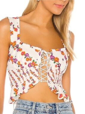 For Love & Lemons Georgia White Floral Lace-Up Ruffle Corset Top